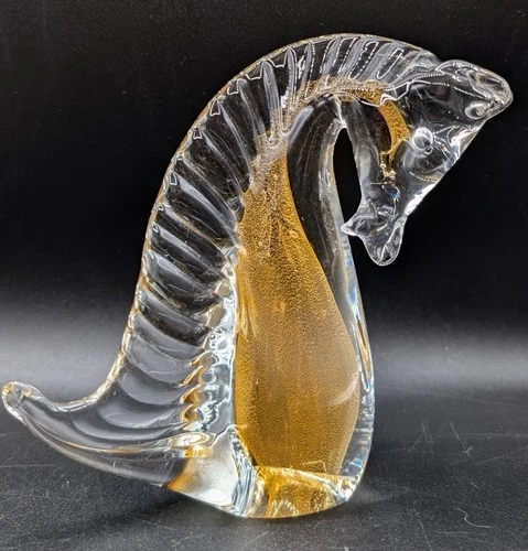 Vintage Murano Horse Head Figurine, Gold Submerged In Clear Glass Venezia Studio