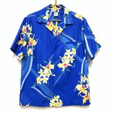 Vintage Hilo Hattie Hawaiian Button Shirt Mens Large Aloha Camp Floral Blue USA