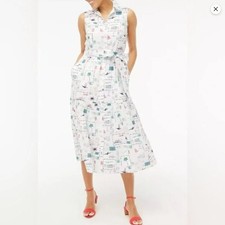 NWT J.Crew Factory Collared Midi White Postcard Stamps Southern Shirtdress 12