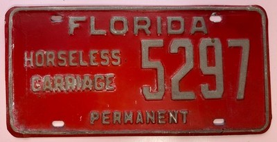 VINTAGE Red & White Florida Horseless Carriage Permanent License 5297