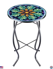 VCUTEKA Outdoor Mosaic Side Table, Round Glass Top, Small Patio End Table, 20
