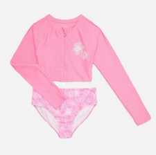 Rash Guard Girls Long Sleeve Zip-Up Crop Swimsuit Size Large 10-12