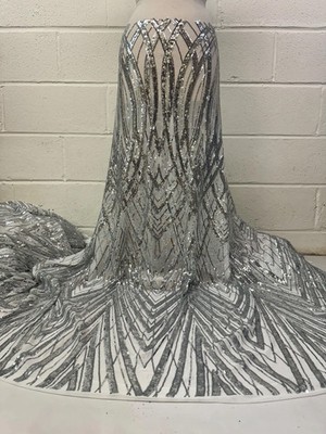 Silver Stretch Sequin Lace Fabric| 4 Way stretch Mesh|52  Width Sold By The Yard