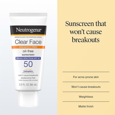 Neutrogena Clear Face Sunscreen SPF 50 | Oil-Free | Breakout-Free Facial Sun Pro