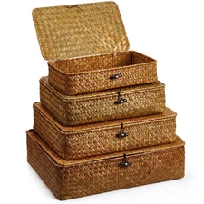 Set of 4 Seagrass Basket with Lid Wicker Storage Basket Decorative Storage Bo...