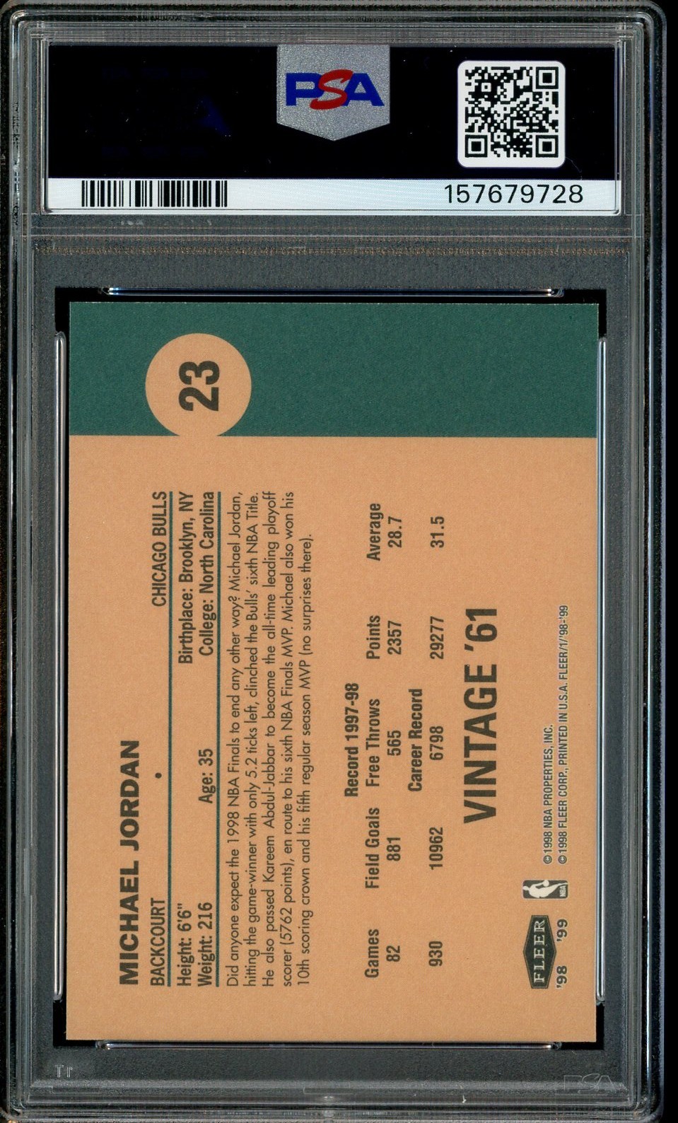 1998-99 Fleer Tradition Vintage '61 #23 Michael Jordan Chicago Bulls HOF PSA 10 view 3