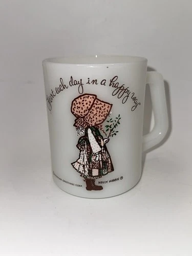 Vintage Fire-King Holly Hobbie Mug Milk Glass Anchor Hocking USA Coffee Cup