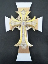 3 LAYER CROSS, SILVER & GOLD PAINTED WOOD -FLEAU DE  LIS CROSS ON TOP 8"X5" NEW