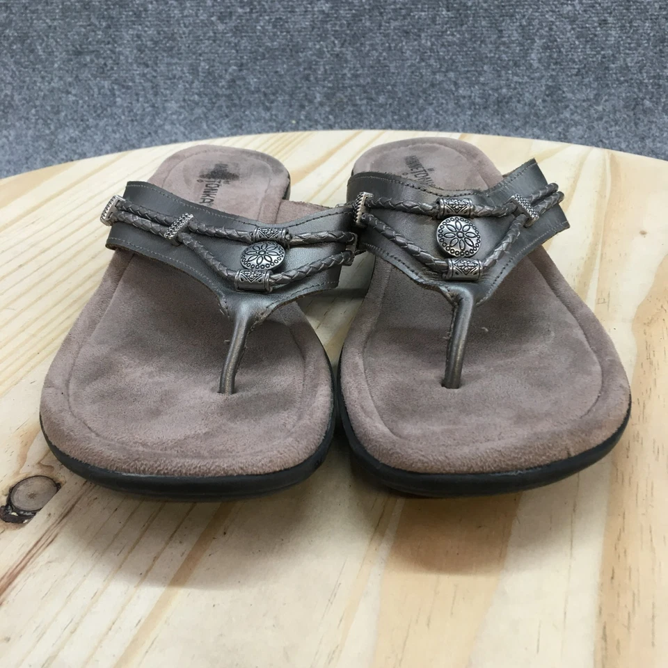 Sandalias Minnetonka Mujer 11 M Chanclas Tanga Gris Cuero Puntera Informal Foto 4 de 4