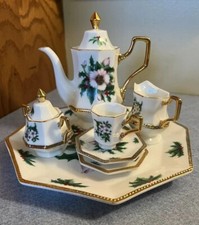 Vintage Doll Miniature China Porcelain Tea Set Christmas Holiday 9 Pc