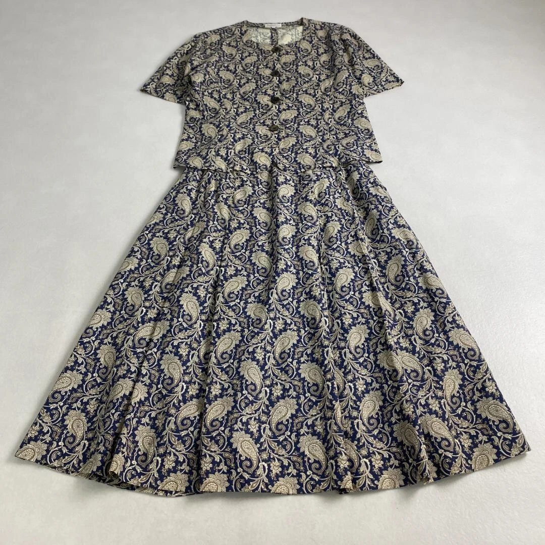 w3160 Burberrys abito set up manica corta misto lino gonna plissettata paisley 11