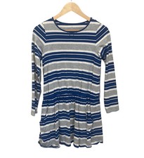 Lands End Girl Size large 14 blue white striped Long Sleeve Dress pockets fall