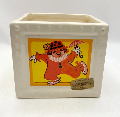 Vntg 277 Haeger Pottery Child Themed Clowns Pony Puppy White Square Planter Vase