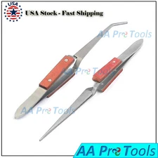 2 Fiber Grip Cross Locking Soldering Tweezers Bent & Straight Tip 6 1/2" NEW