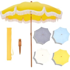 7 ft Patio Umbrellas Outdoor Auto-Tilt Beach Umbrella with Fringe and Carry Bag