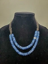 18" Two Strand Blue Sodalite Heishi Bead Sterling Silver 925 Chain Necklace Bib