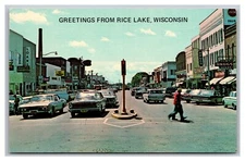 Rice Lake, WI Wisconsin, Greetings, Main Street View, Vintage Chrome Postcard 