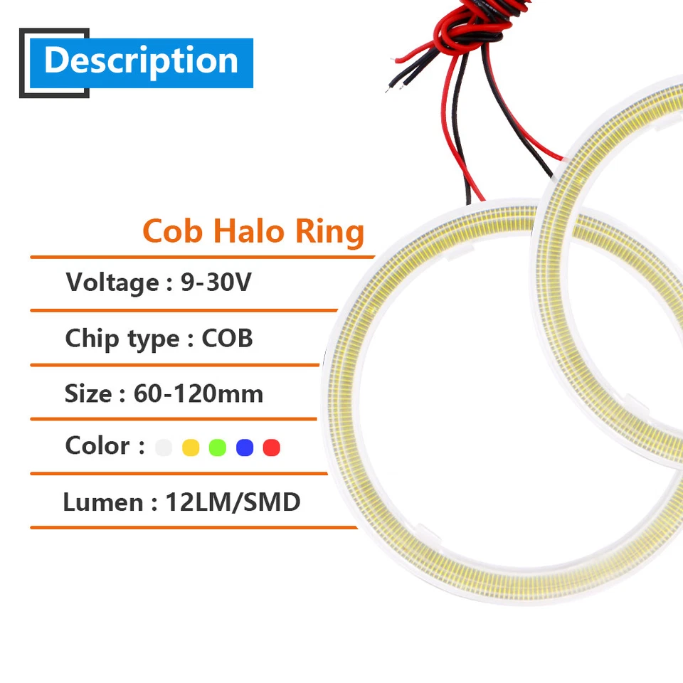 60mm 70mm 80mm 90mm 100mm 110mm 120mm COB LED Halo Ring Angel Eyes+Cover 12V 24V - Image 2 of 4
