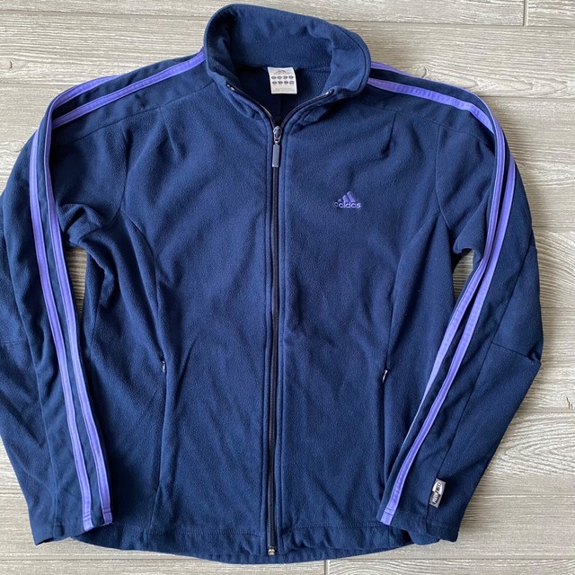 Adidas Women's Track Jacket Navy Blue White Stripe Full Zip Soft Retro