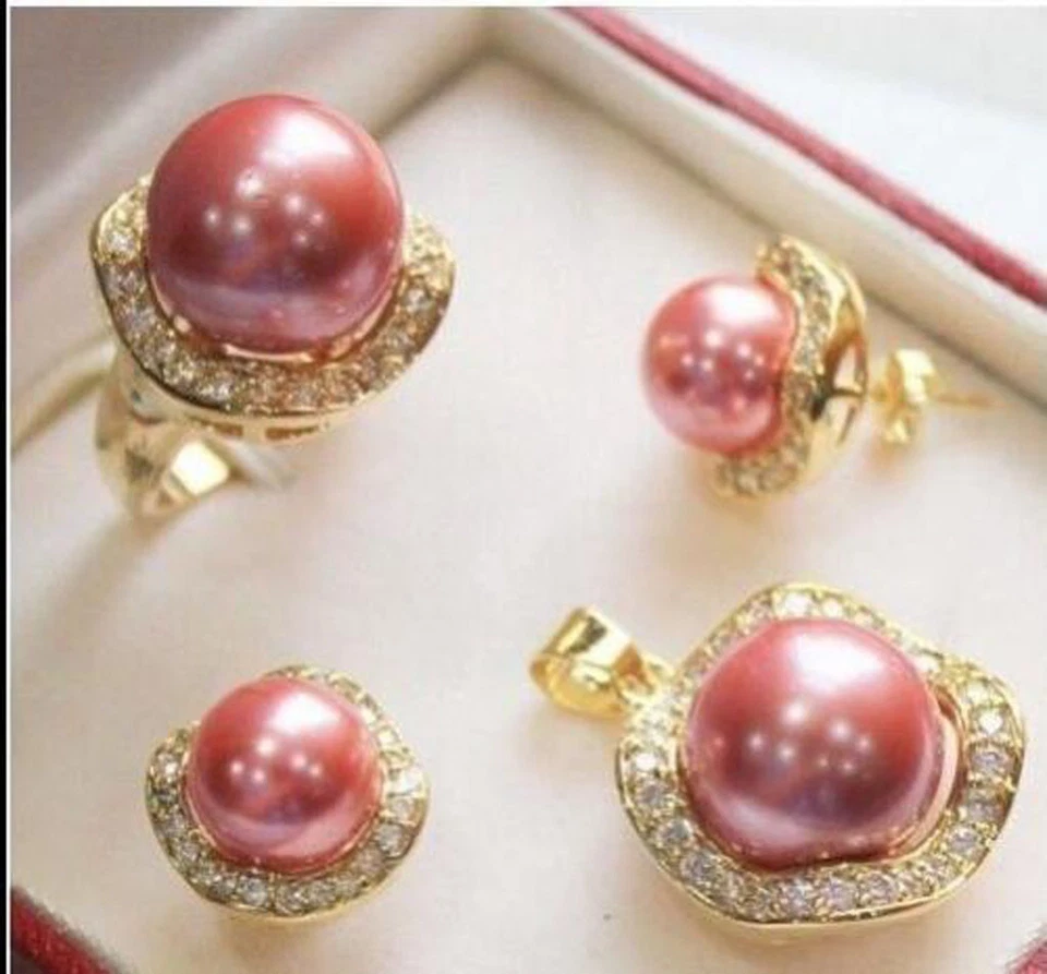 10mm 14mm Color South Sea Shell Pearl/Jade Earring Ring Necklace Pendant A Set - Image 2 of 4