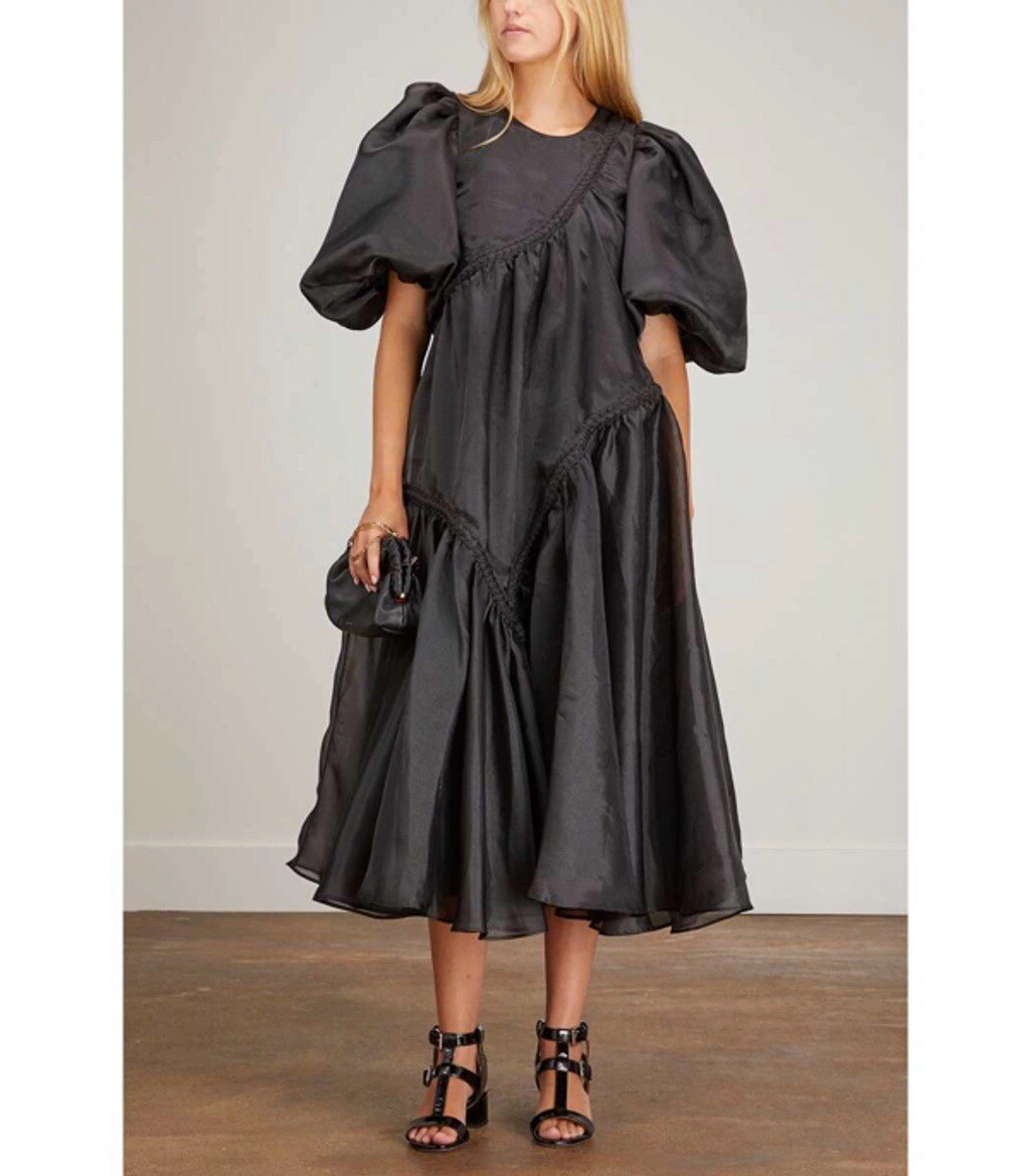 knee length dresses for ladies Aje Riviera Asymmetric Braided Puff Sleeve Smock Dress Ice Blue