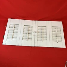 Vintage Bi-Fold Wood Louvered Panel Window Shutters / Painted White Rustic / #3