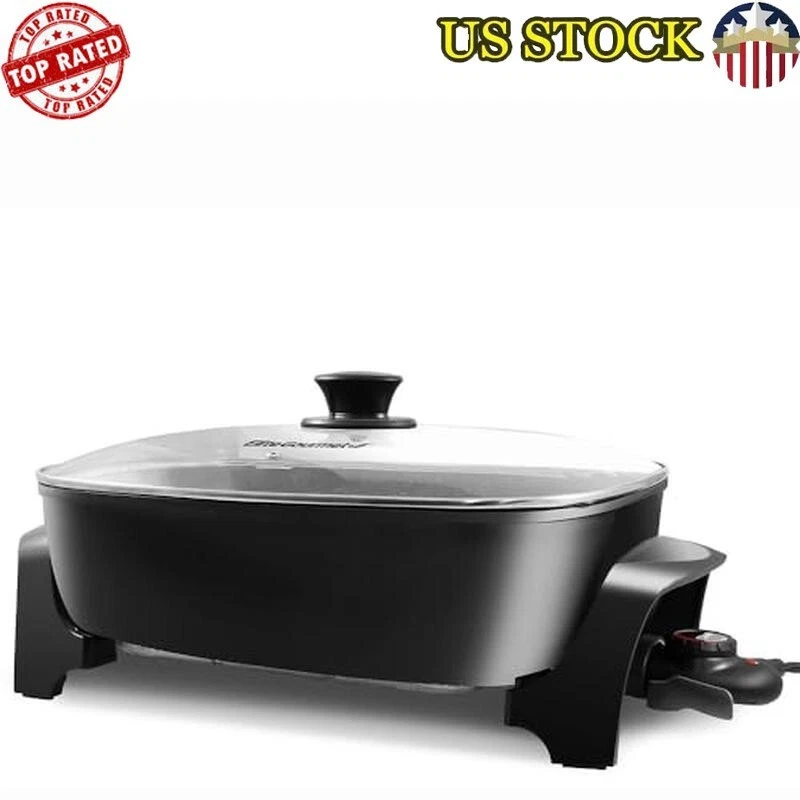 16"x13" Deep Non-Stick Electric Skillet Glass Lid Adjustable Temp 10.5 Qt Black