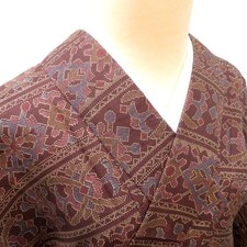 Tsumugi kimono Silk botanical geometric pattern Brown 60.2inch Women's