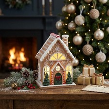 New Light Up Large Gingerbread House, Ideal for Mantel, Shelf and Table- Trees