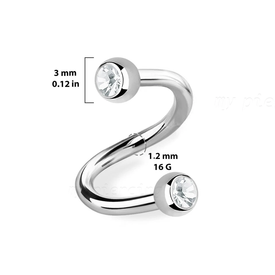 2pcs 18G 16G 14G Surgical Steel Double Gem Spiral Ear Helix Cartilage Lip Labret - Image 2 of 4
