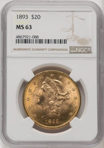 1893 P $20 Gold Liberty Double Eagle coin NGC MS-63 *RADIANT, FROSTY PEACH-GOLD*