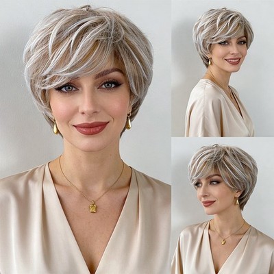Women's Short Layered Pixie Cut Wig Ombre Ash Blonde Synthetic