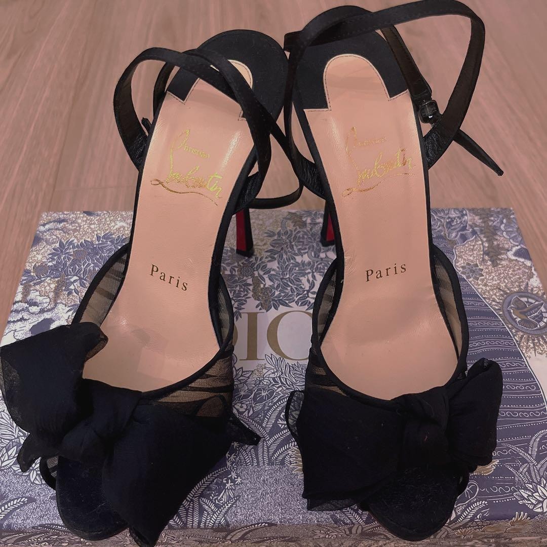Christian Louboutin Ankle Strap Women Black Mesh Satin Front Size EU36.5 US6.5