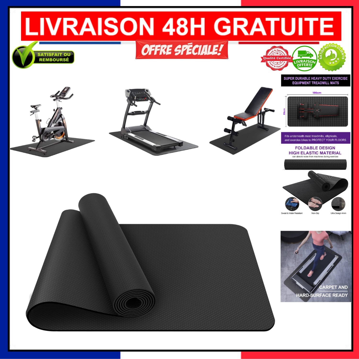 Tapis pour vélo d'appartement antidérapant insonorisant Vanexiss 190x85cm