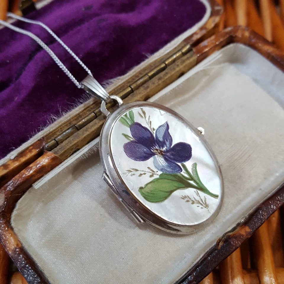 Vintage 925 Sterling Silver Necklace, Vintage Locket, Hand Painted Flower, 1975 — 第 3/4 张图片