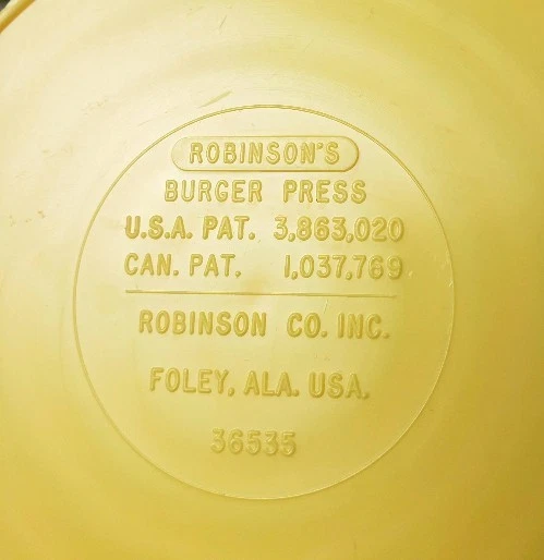 Prensa de hamburguesas Robinsons hamburguesa diseño en espiral amarillo empanada de res fabricante vintage Foto 3 de 3