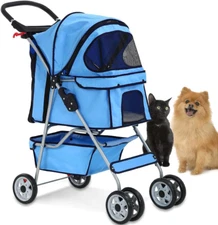 4 Wheels Pet Stroller Cat Dog Cage Stroller Travel Folding Carrier with Cup Hold