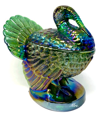 Large Mosser 8.75  Hunter Green Carnival Glass Covered Turkey Dish 5 lb 5 oz