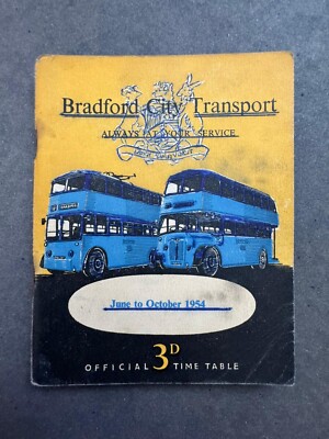 Juni 1954 Bradford City Transport Motor Bus Trolleybus Fahrplan Karte Tarife