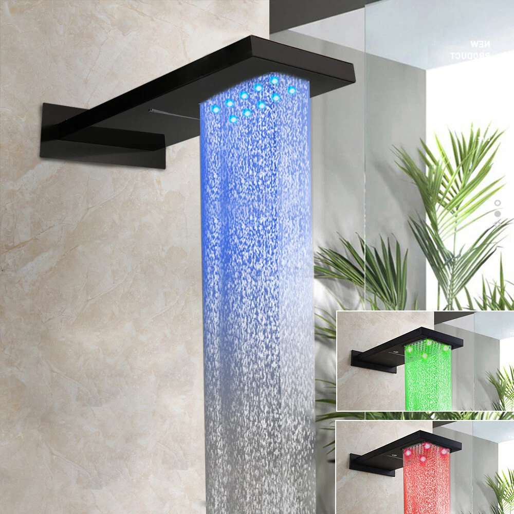 2 Way LED Bathroom Black 22" Shower Head Rainfall&Waterfall Spout Wall Mount Tap