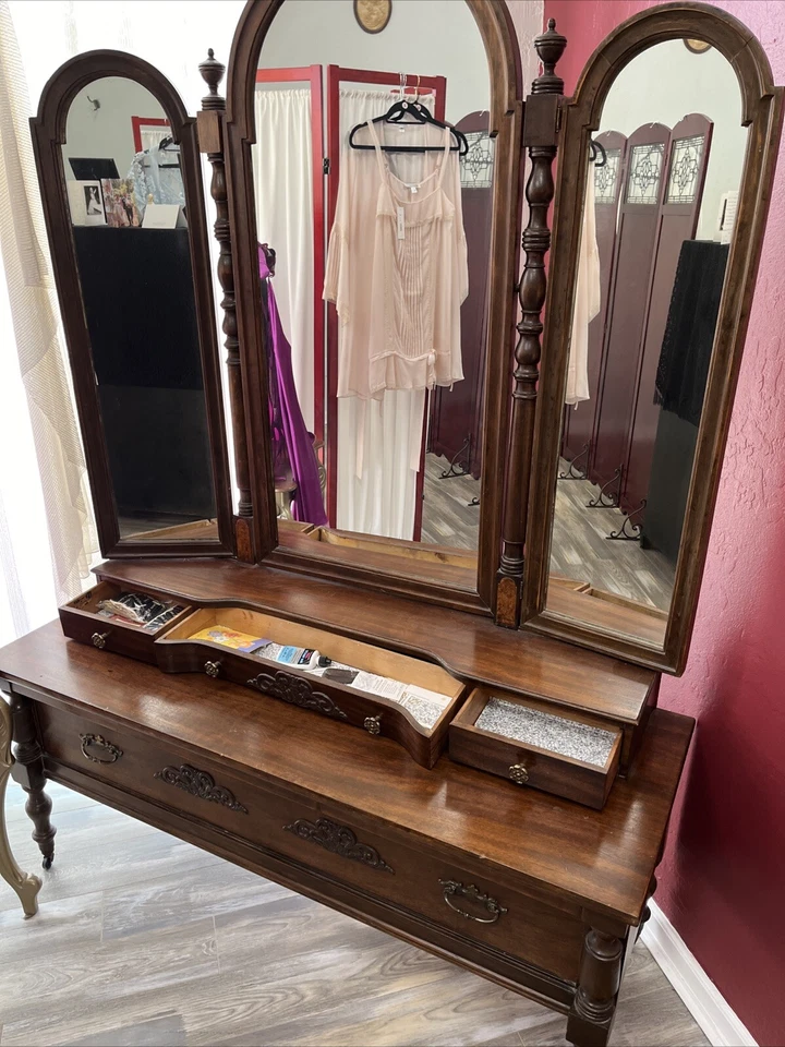Vintage Tri-fold Antique Walnut Vanity With 3 Mirrors - Image 2 of 4