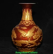 9.4'' Old Qianlong Green Glaze Porcelain Gilt Sika Deer Animal Tree Bottle Vase