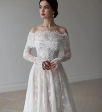 New Modern Lace Wedding Dresses Off The Shoulder Full Sleeves Aline Church Bride
