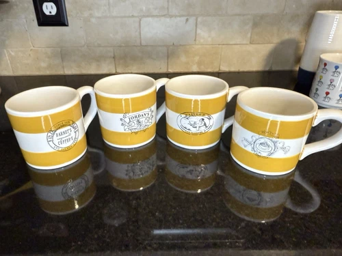 Set of 4 Williams-Sonoma Stamped Label Mugs Vintage English Food Marks Yellow