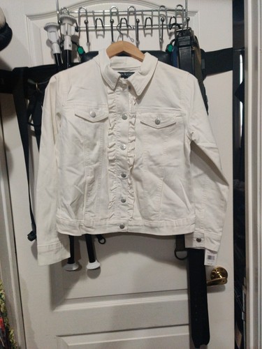 Women's Kim Rogers Petite White Stretch Ruffle Denim Jacket Size PM