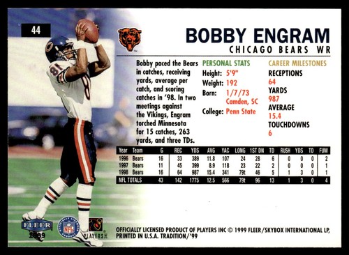 1999 Fleer Tradition Bobby Engram Chicago Bears #44 - Picture 2 of 2