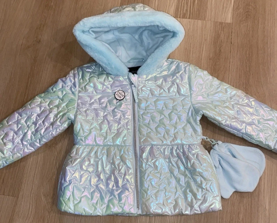 Abrigo Rothschild Niñas Aqua Iridiscente Puffer Anorak Imitación Piel Capucha Talla 4T Nuevo Foto 2 de 4