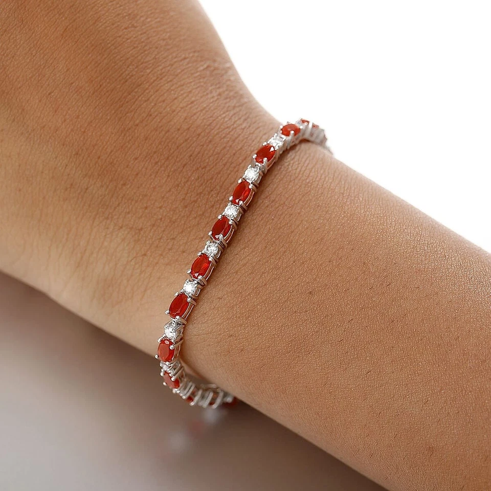Brazalete Tenis 4.60ctw Ópalo de Fuego Carmesí y Moissanita Chapado en Rodio 6.50" Foto 3 de 4