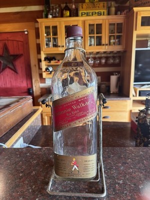 Vintage Johnnie Walker Red Label Scotch Whisky Bottle w/ Metal Pouring Cradle