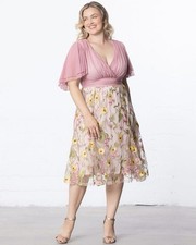 Kiyonna Dress  Lillian Style 1X Pink Party Embroidered Floral Flutter Sleeves